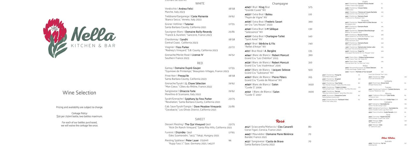 Nella Kitchen & Bar Menu