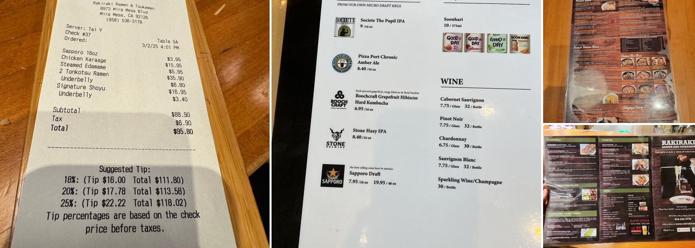 Rakiraki Ramen & Tsukemen Menu