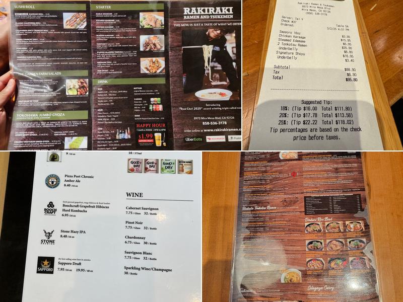 Rakiraki Ramen & Tsukemen Menu