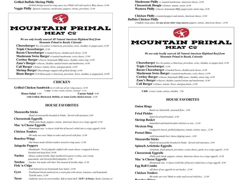 Zane's Tavern Willits Menu
