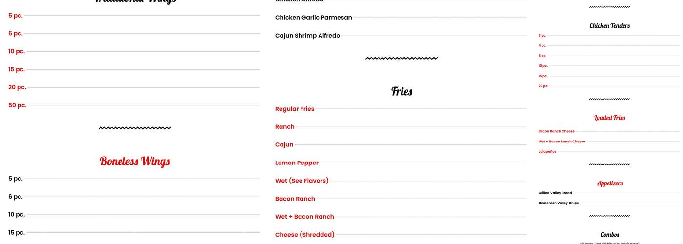 Valley Wings Menu