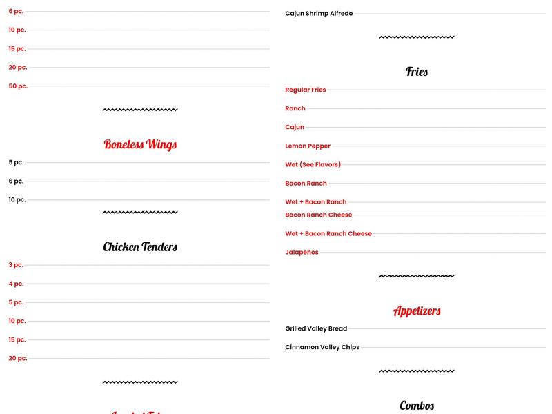 Valley Wings Menu