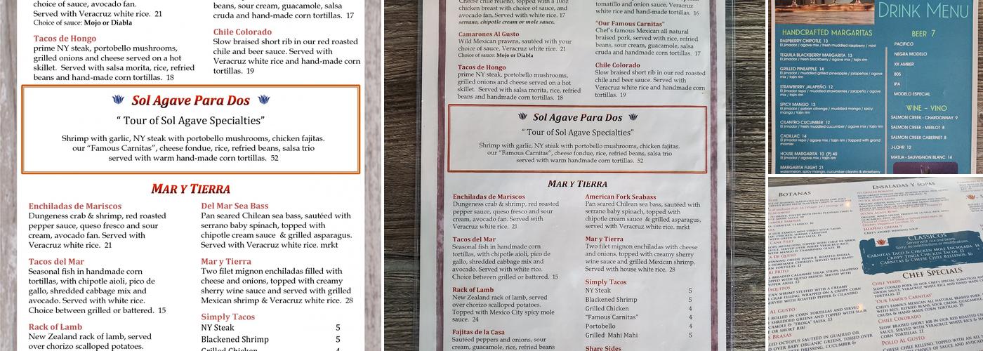Sol Agave Menu