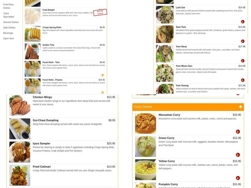 I'yara Thai Cuisine Auburn Menu