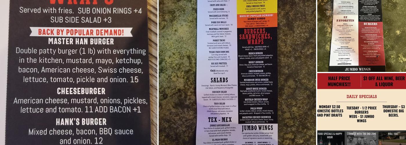The End Zone Jones Valley Menu