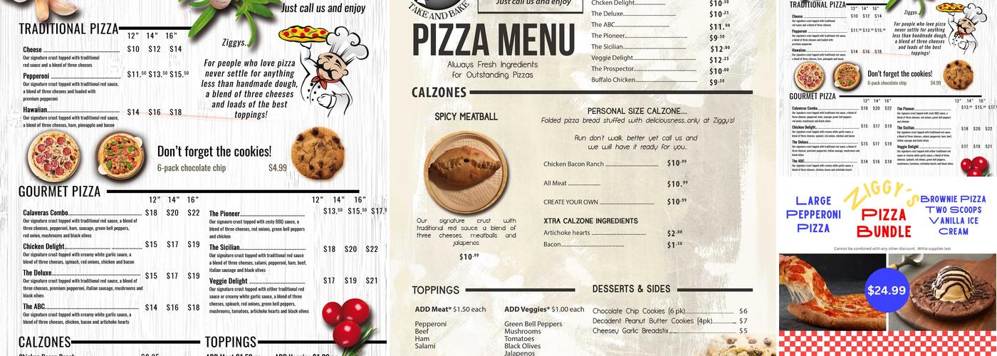Ziggy's Take and Bake Pizza Menu