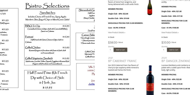 Villa Toscano Winery Menu