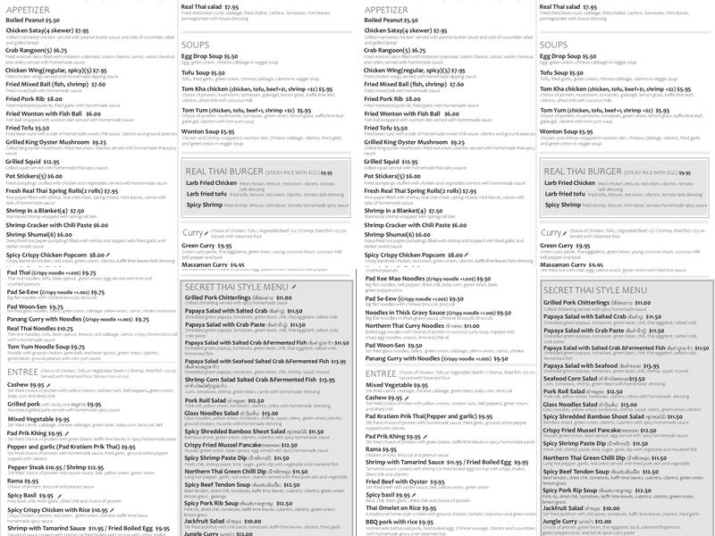 Real Thai Restaurant Menu