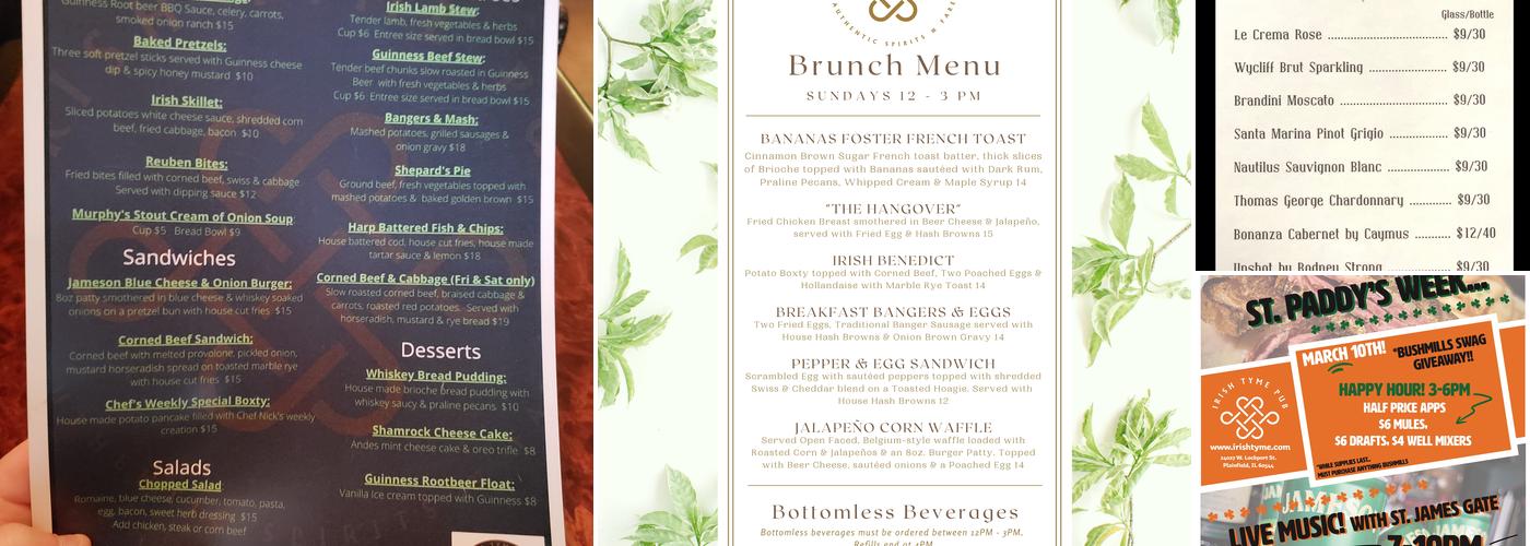 Irish Tyme Pub Menu