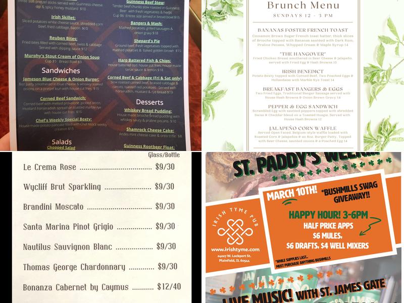 Irish Tyme Pub Menu