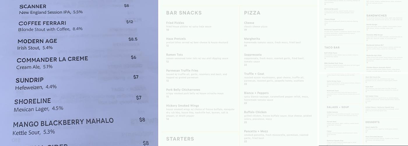 Faces Brewing Co. Menu
