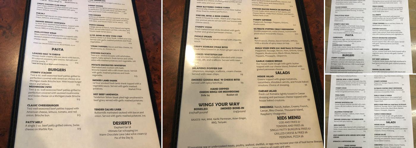 Stumpy's Pub and Grub Menu