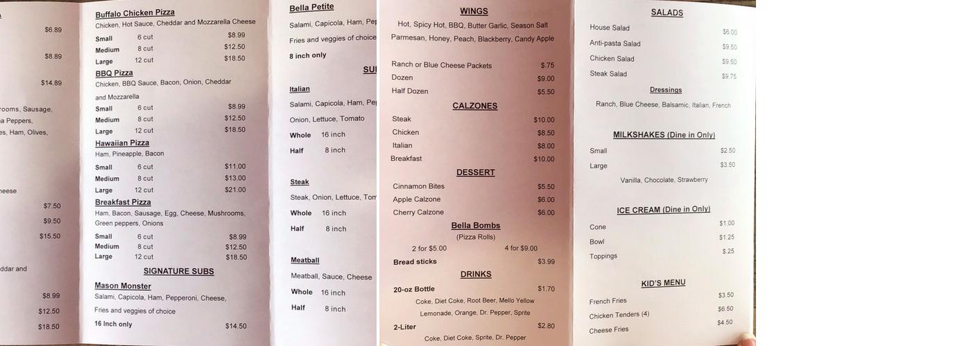 Bella's Pizzeria Menu