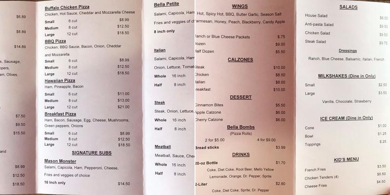 Bella's Pizzeria Menu