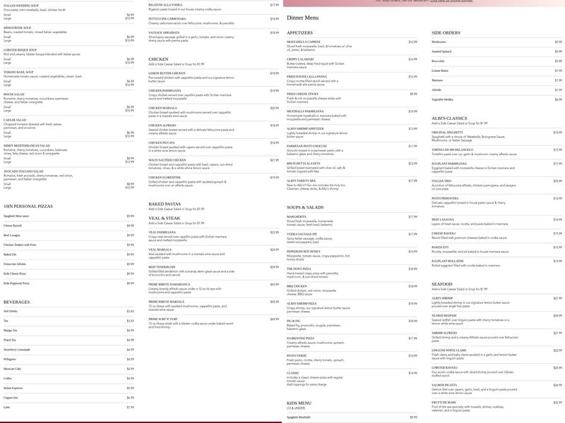 Albi's Vite Italian Kitchen Menu