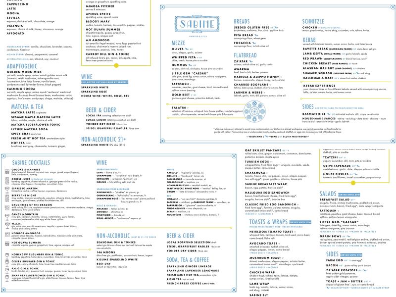 Sabine Café & Bar Menu