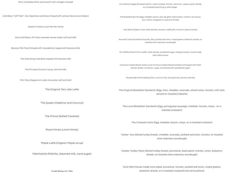 Ali'i Coffee Co. Menu