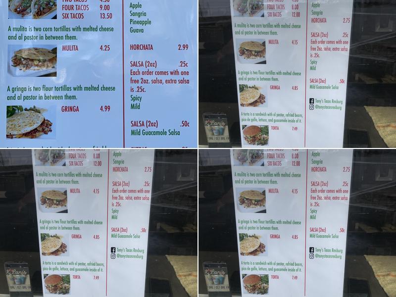 Tony's Tacos Al Pastor Menu