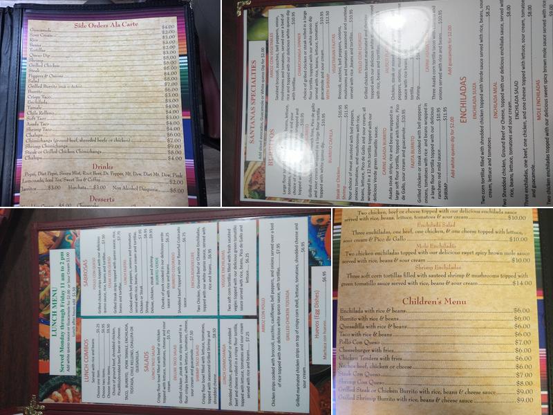 Santana's Mexican Restaurant Menu