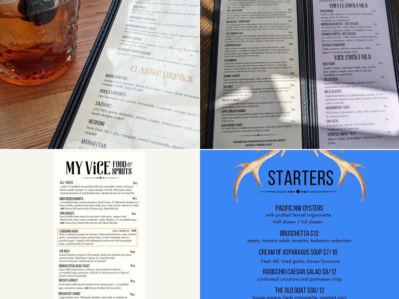 My Vice Food & Spirits Menu