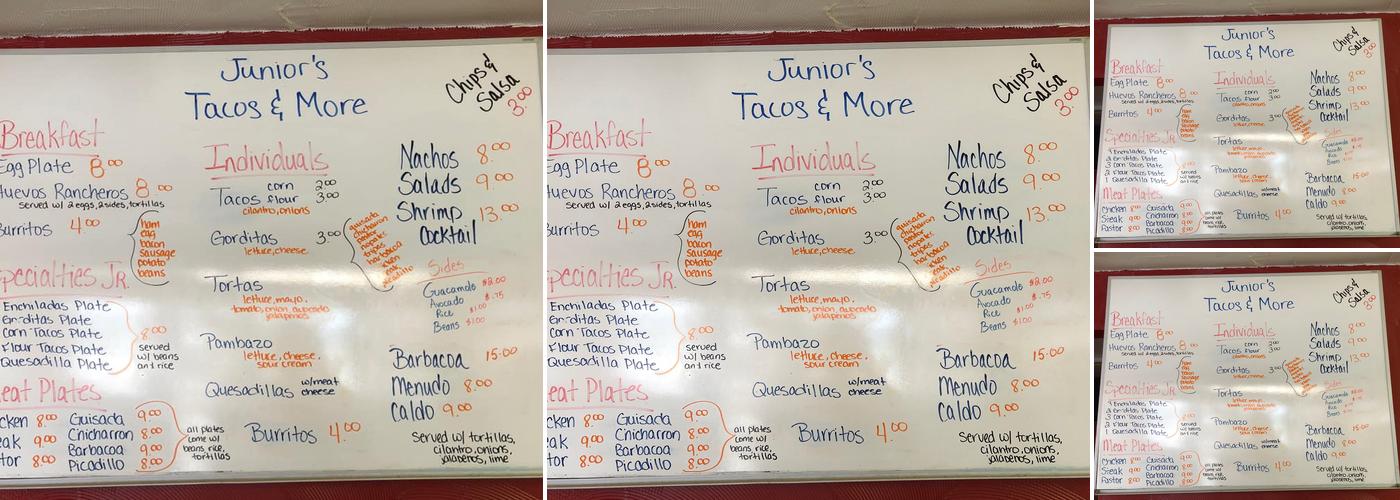 Junior’s Tacos and More Menu