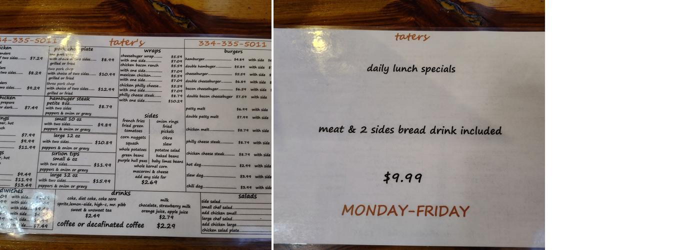 Tater's Menu