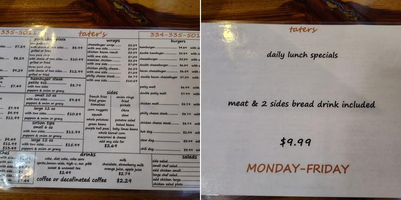 Tater's Menu