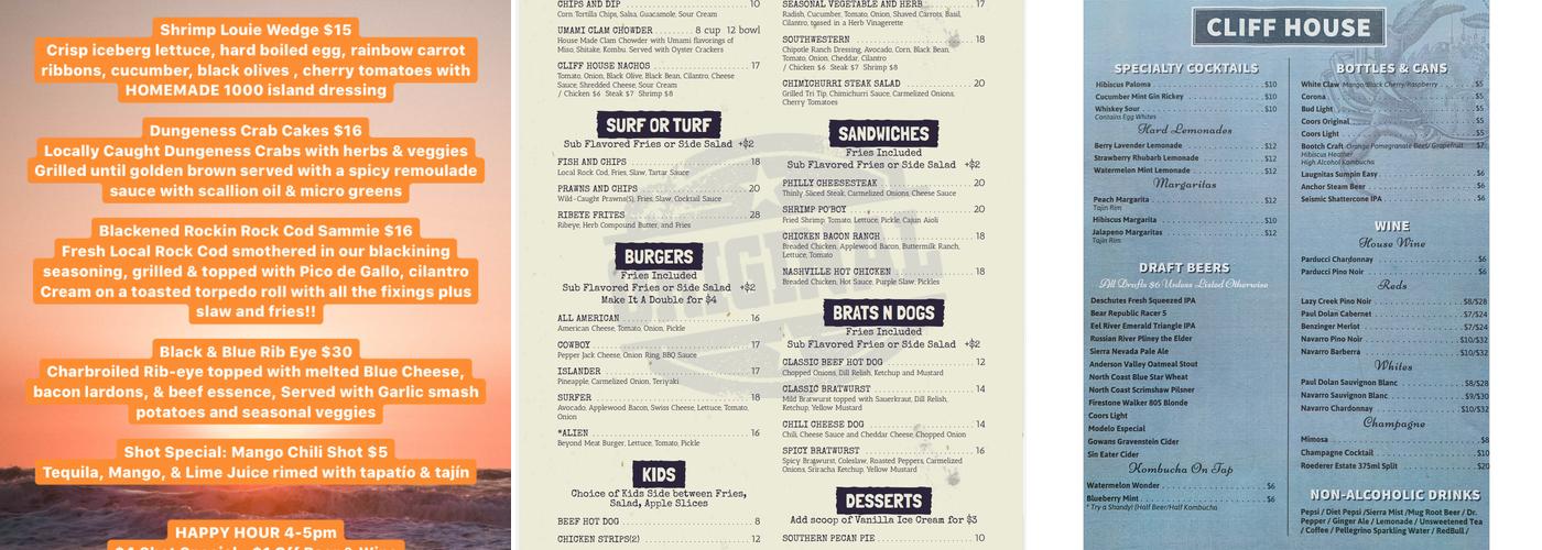 Cliff House Fort Bragg Menu