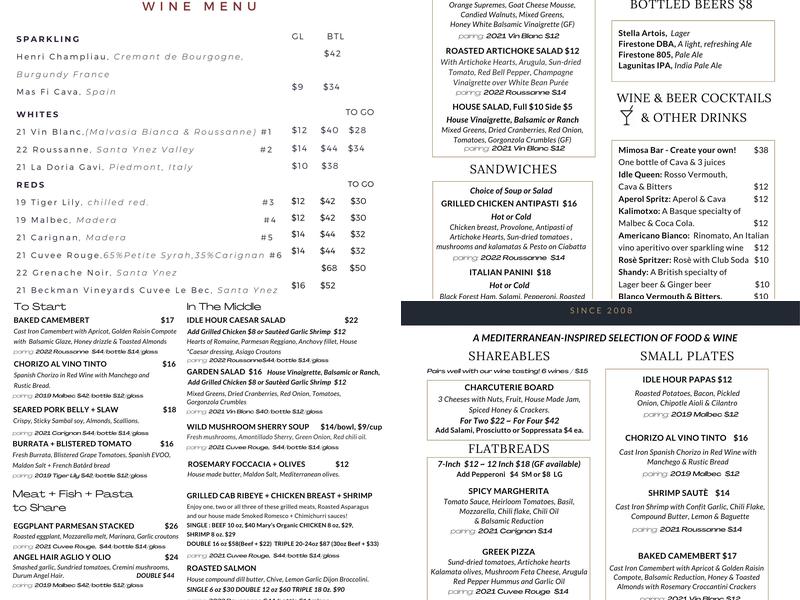 Idle Hour Winery & Kitchen Menu
