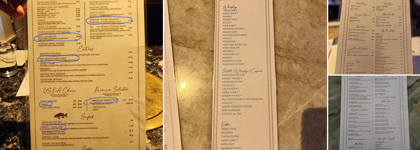 Madame Butterfly Menu
