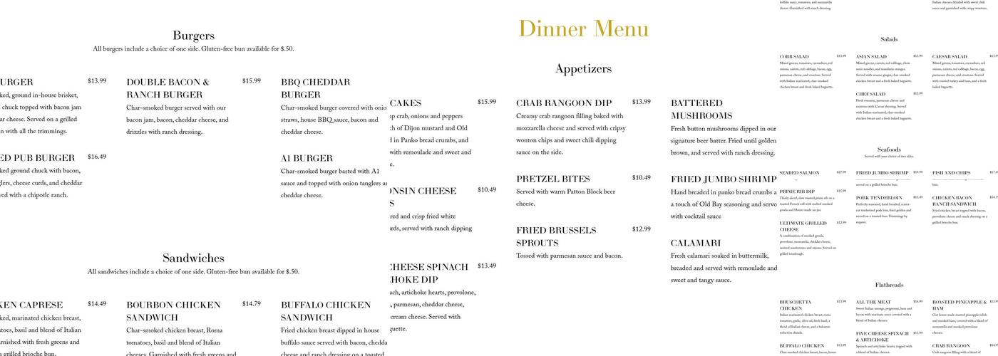 Patton Block Grill & Brew Pub Menu