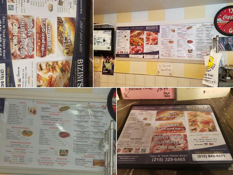 Bizini's Famous Steaks, Seafood and Hoagies Menu