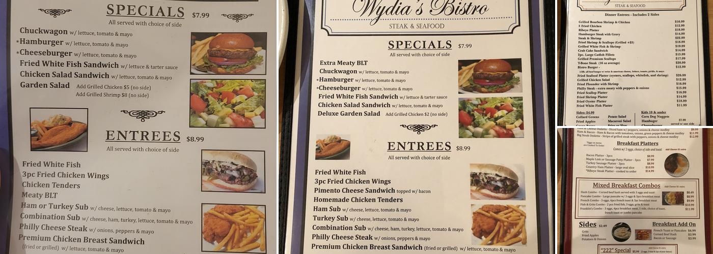 Wydia's Seafood and Steakhouse Menu