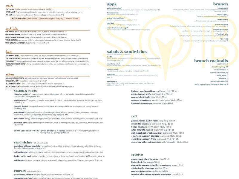 SOB East Menu