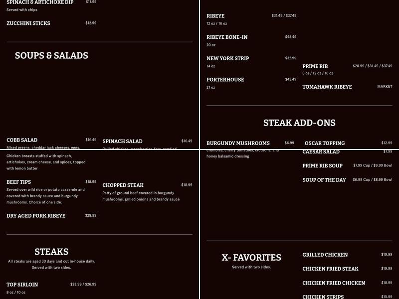 X- Steakhouse Menu