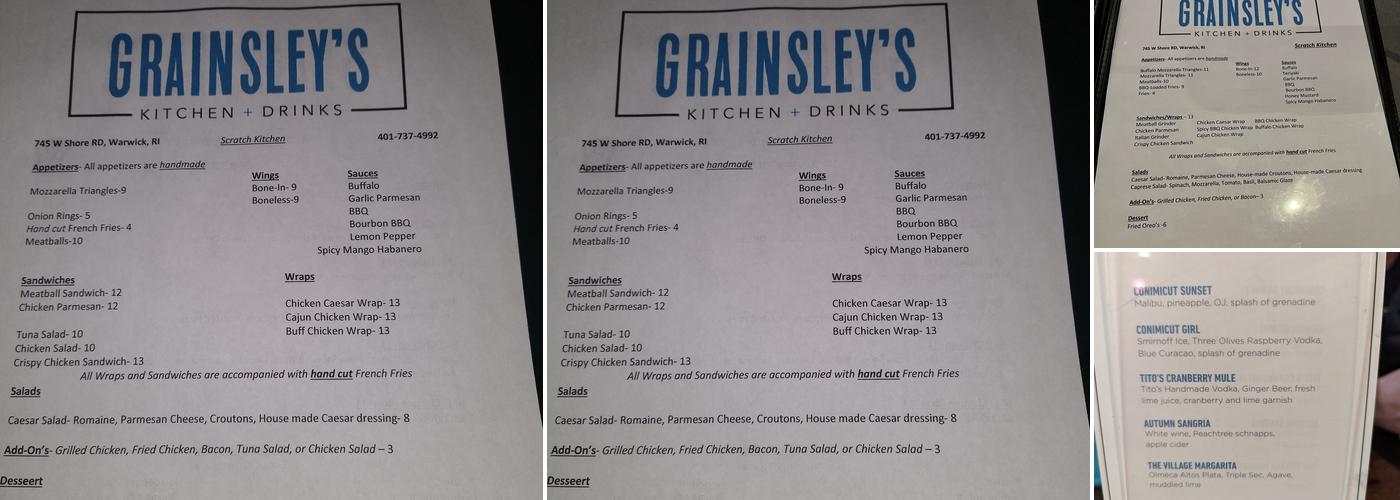 Grainsley's Kitchen & Drinks Menu