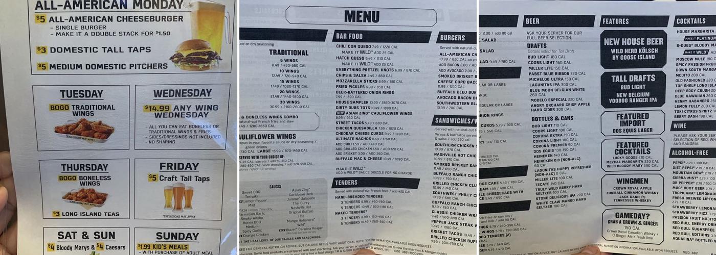Buffalo Wild Wings Menu