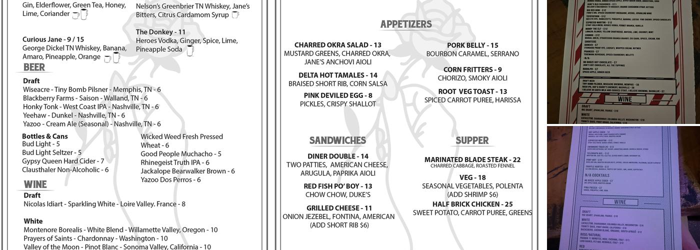 Jane's Hideaway Menu