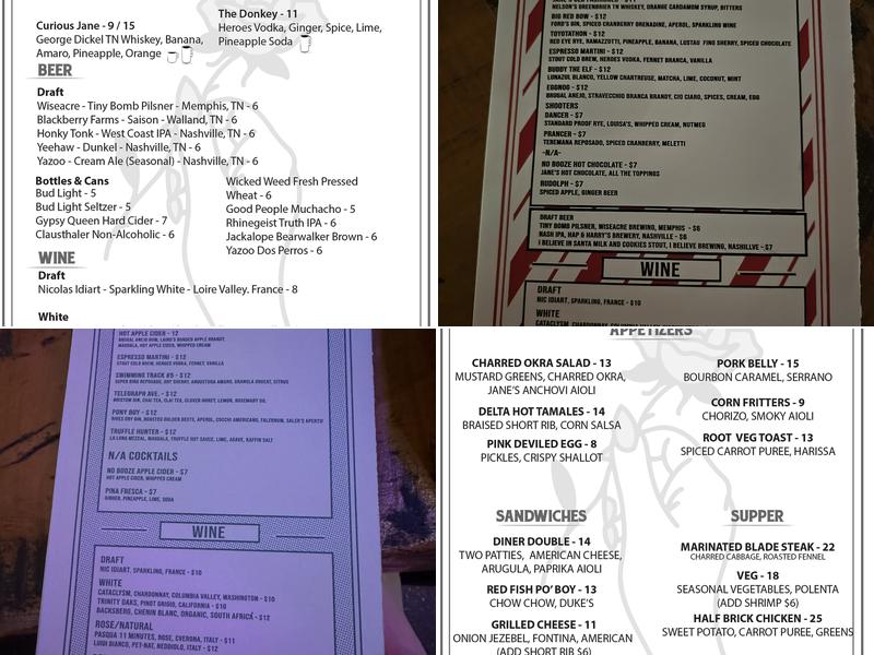 Jane's Hideaway Menu