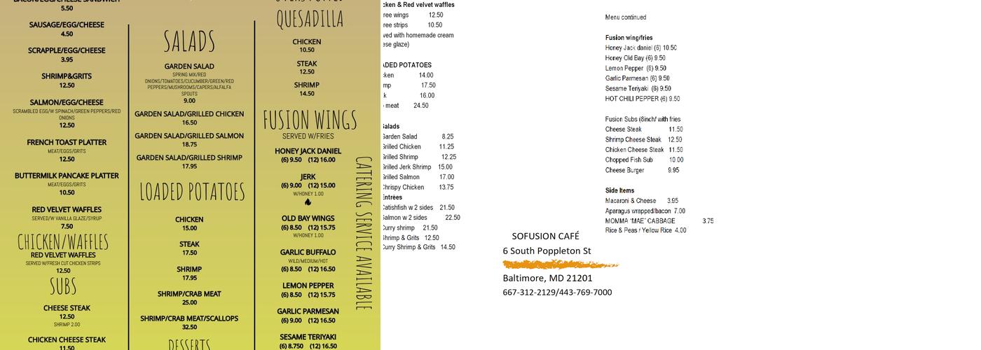 SoFusion Cafe Menu