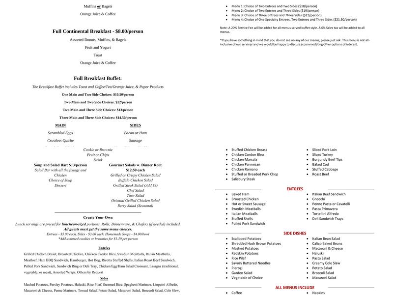 Long's Catering Menu