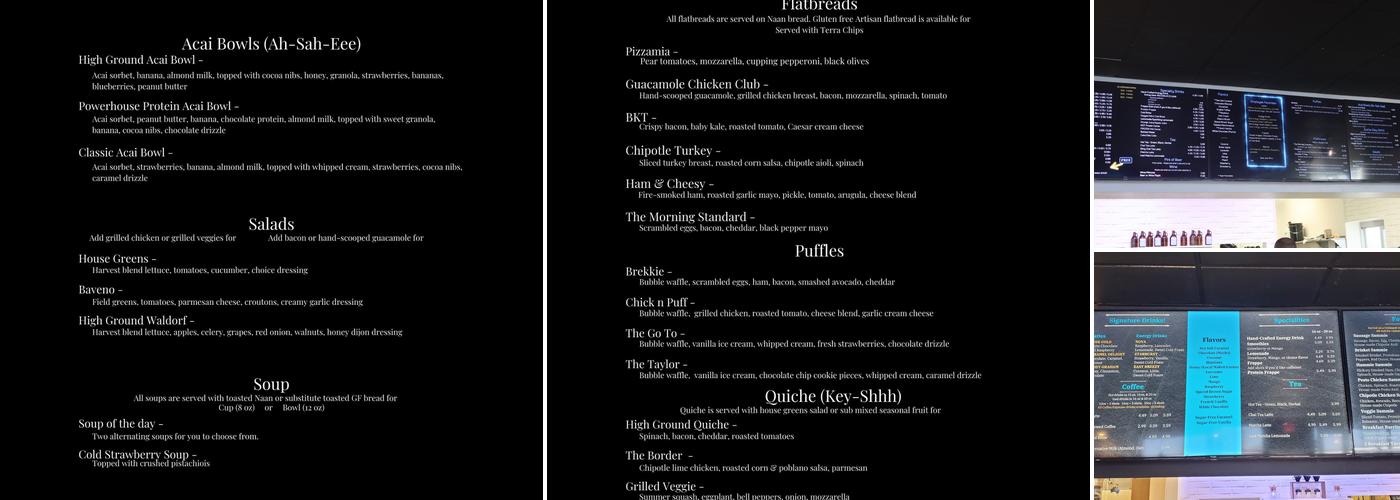 High Ground Cafe and Espresso Bar Menu