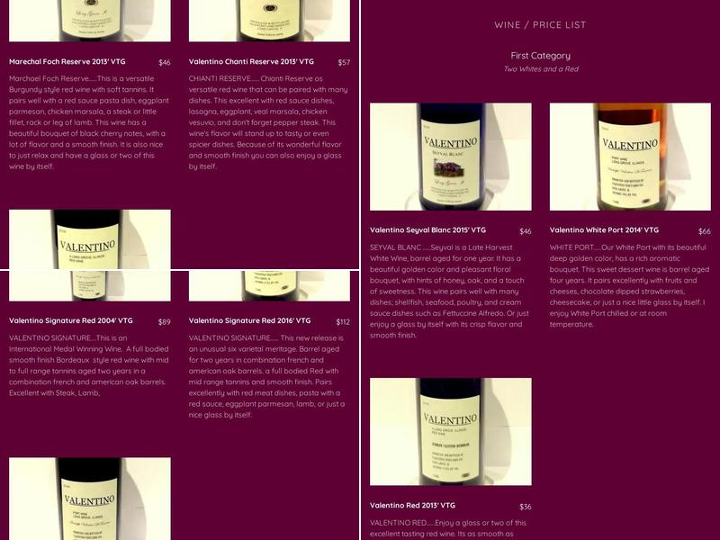 Valentino Vineyards & Winery Menu