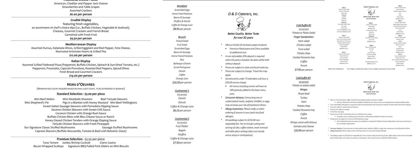 D & D Caterers Menu