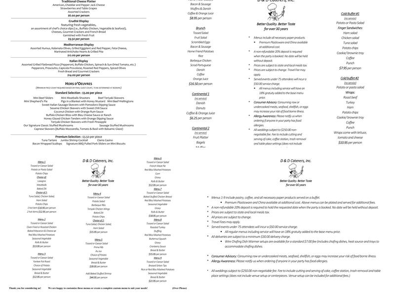 D & D Caterers Menu