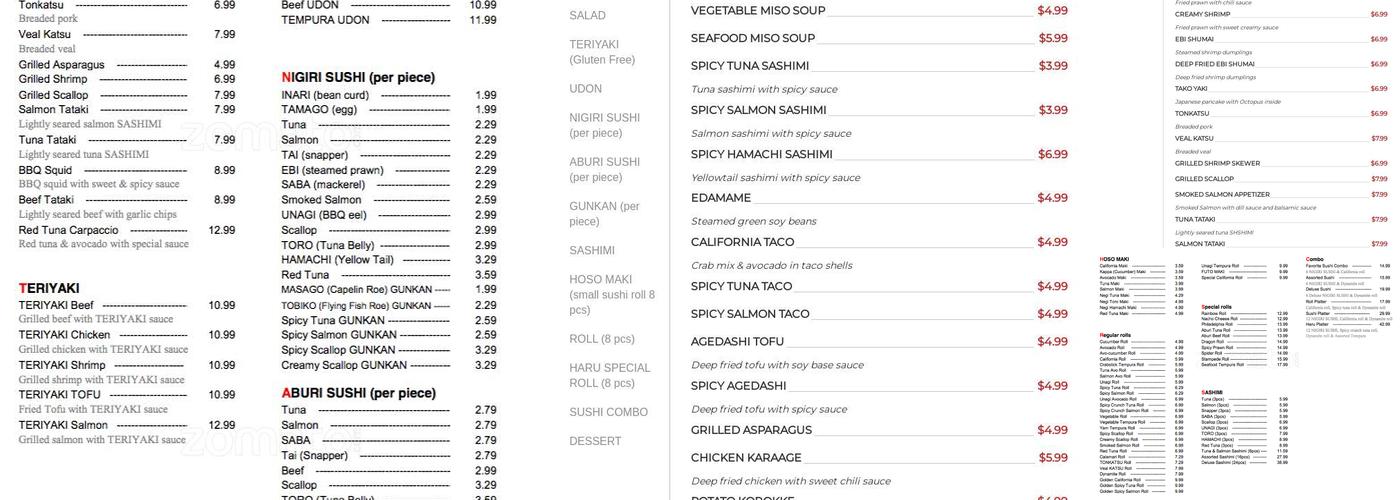 Haru Sushi & Grill Menu