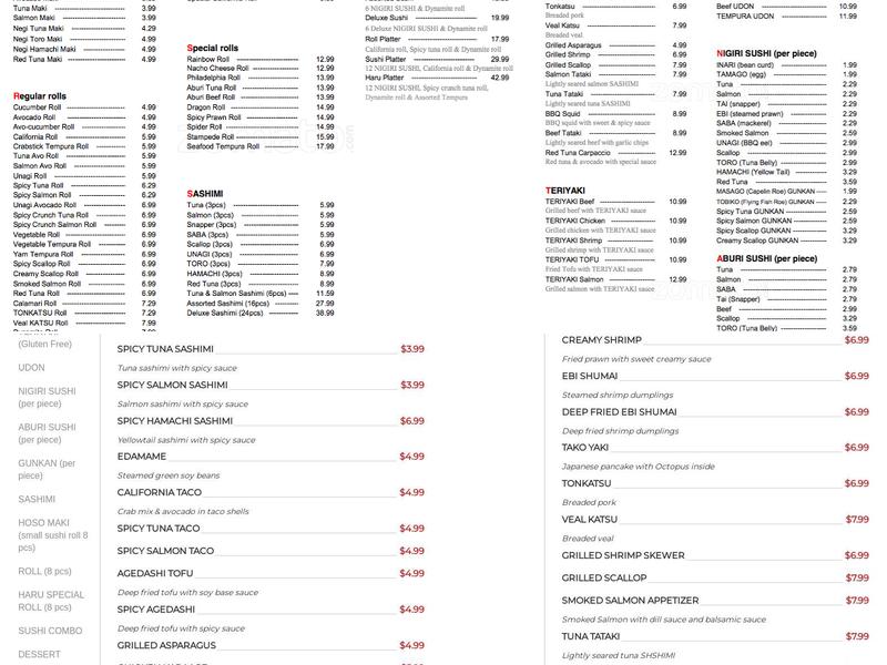 Haru Sushi & Grill Menu