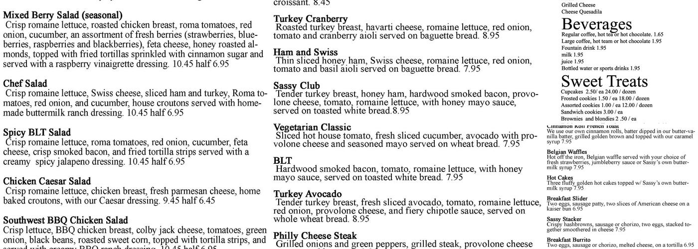 Sassy's Cafe & Bakery Menu