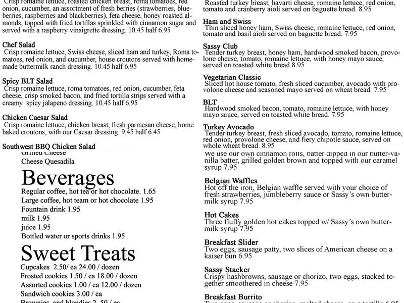 Sassy's Cafe & Bakery Menu