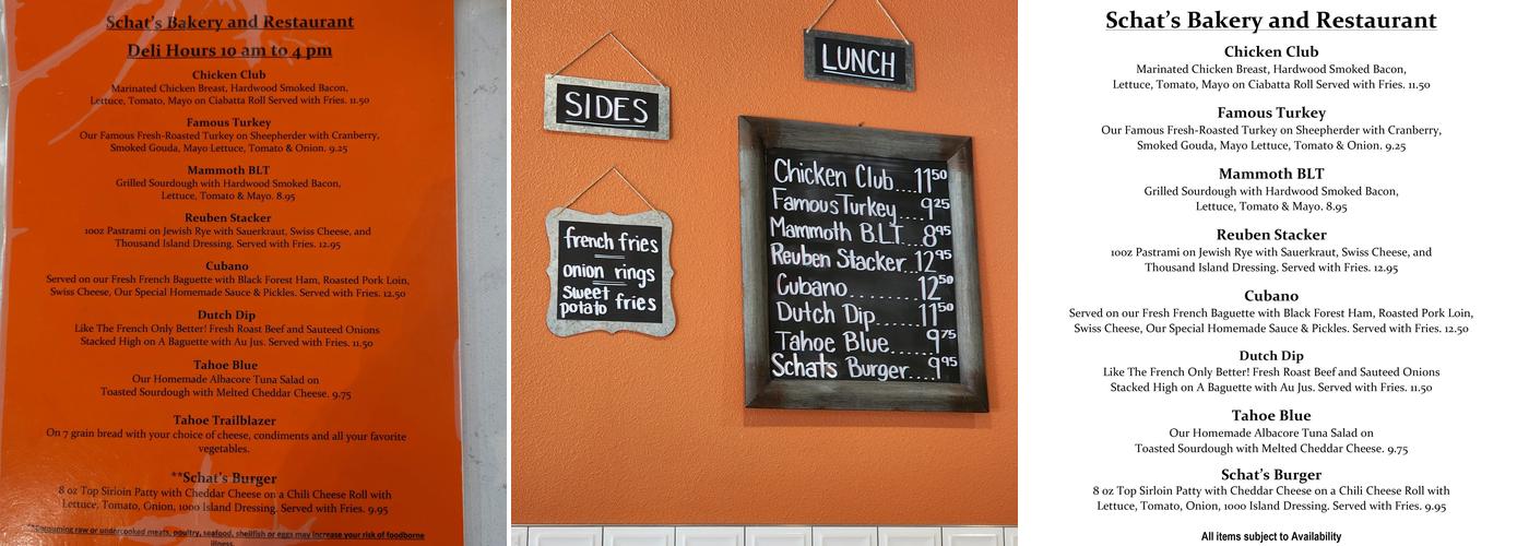 Schat's Bakery & Restaurant - Minden Menu